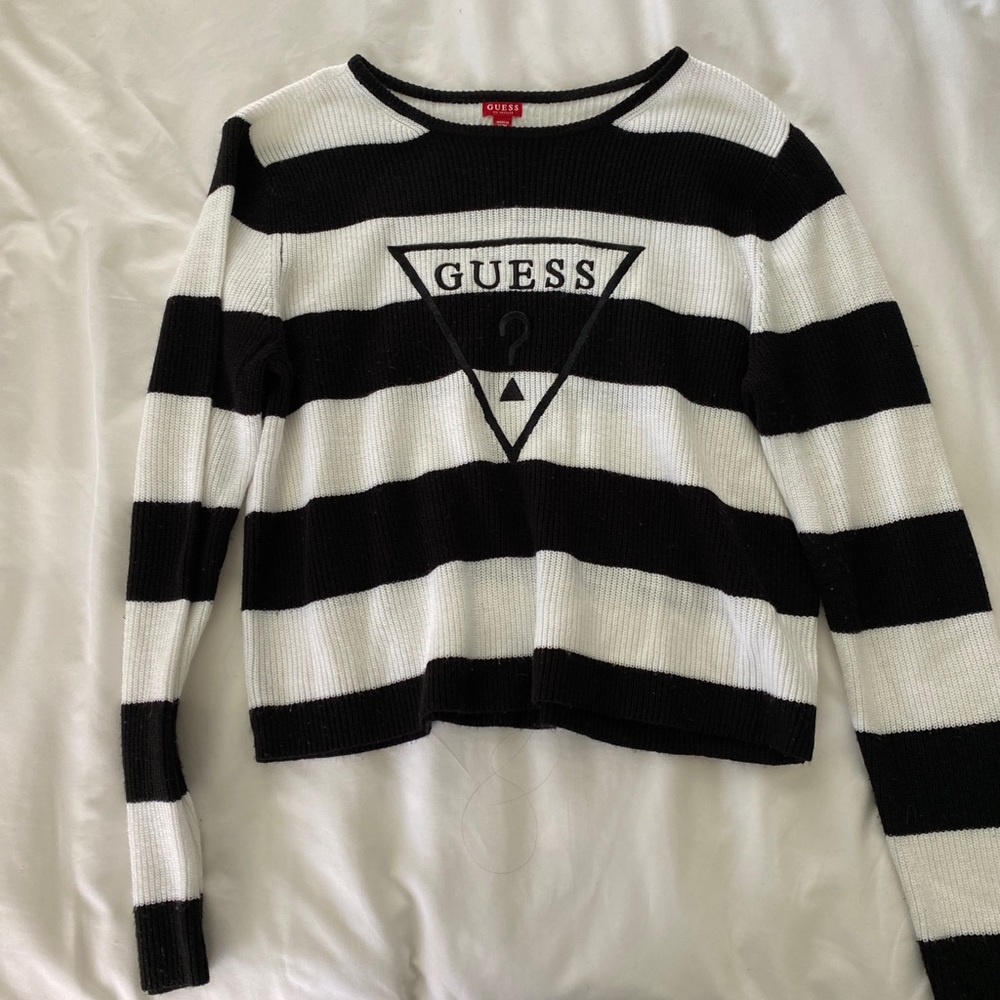 Guess Black and White Striped Knit Sweater Size Small